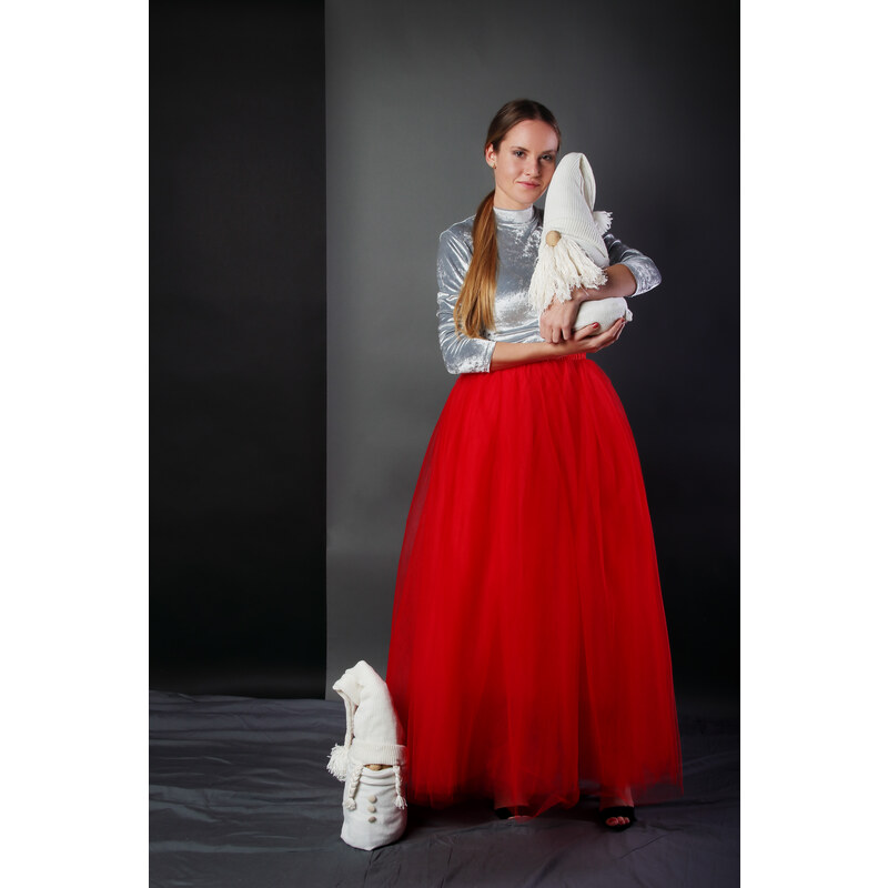 ADELO Tutu sukně tylová dámská maxi - červená - délka 100 cm