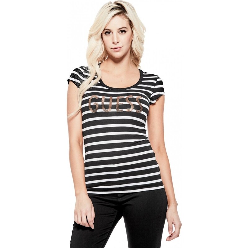 GUESS tričko Kella Logo Striped Tee černé