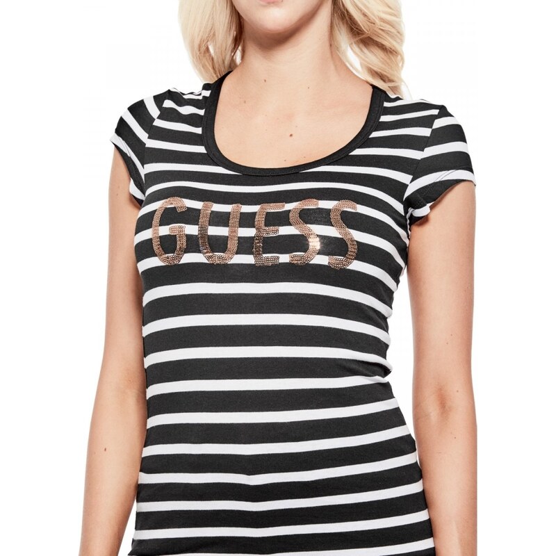 GUESS tričko Kella Logo Striped Tee černé