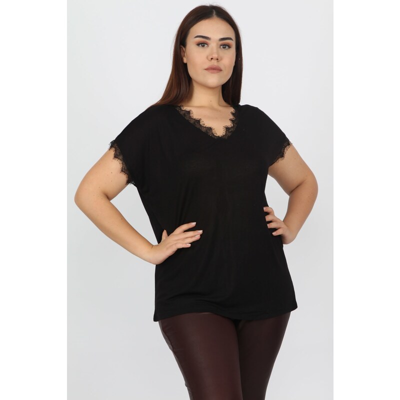 Şans Women's Plus Size Black Lace Detailed Blouse