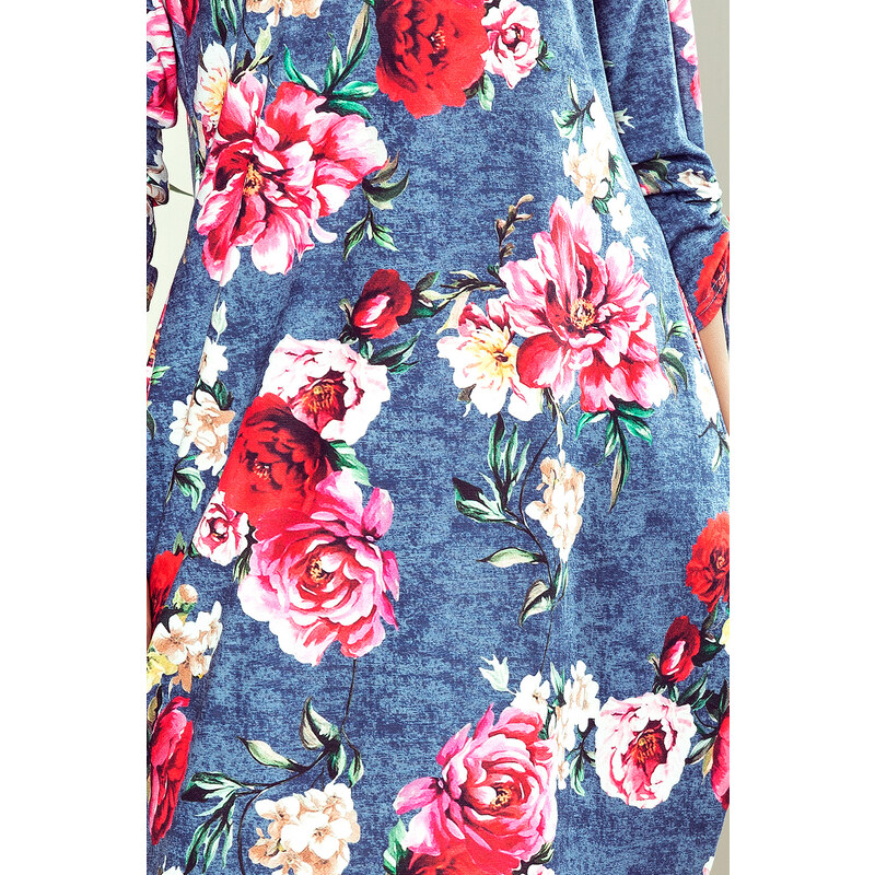 numoco SOPHIE - Pohodlné dámské oversize šaty s květinovým vzorem na džínovině 281-2