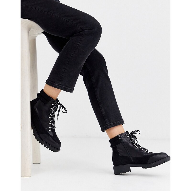River Island lace up flat hiker boot in black
