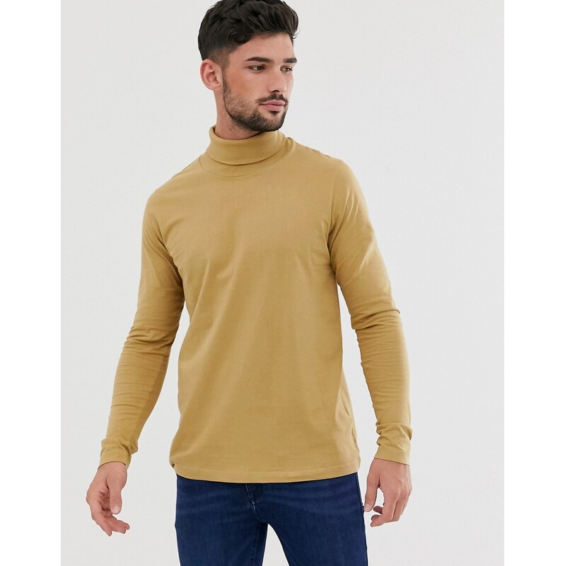 Brave Soul 100% cotton jersey roll neck in tan-Brown 112793940
