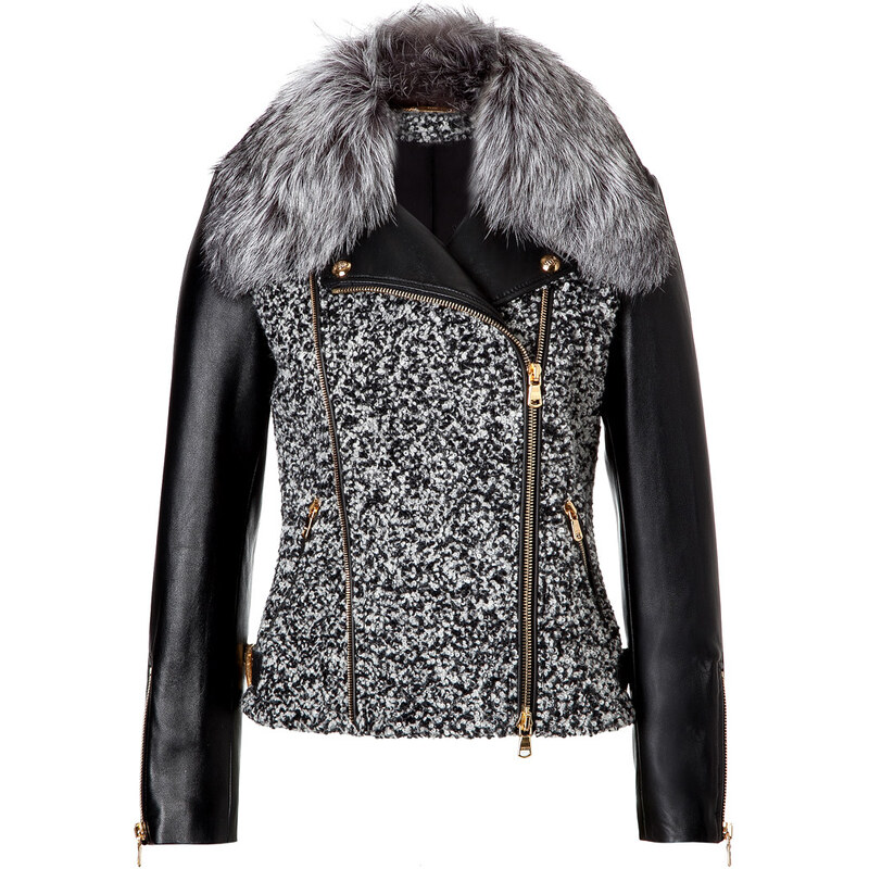 Emilio Pucci Leather/Boucle Biker Jacket with Fox Fur Collar