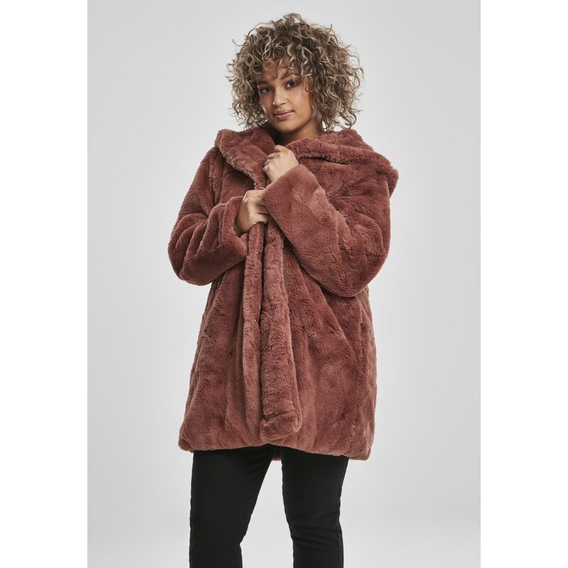 URBAN CLASSICS Ladies Hooded Teddy Coat - darkrose