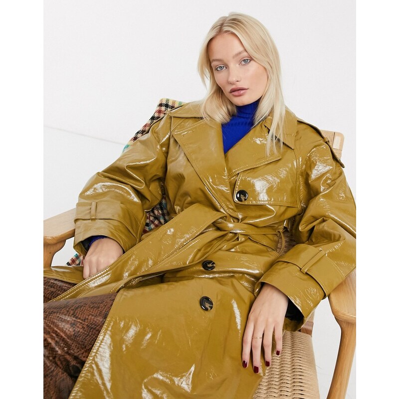 ASOS DESIGN vinyl trench coat in khaki Green GLAMI.cz