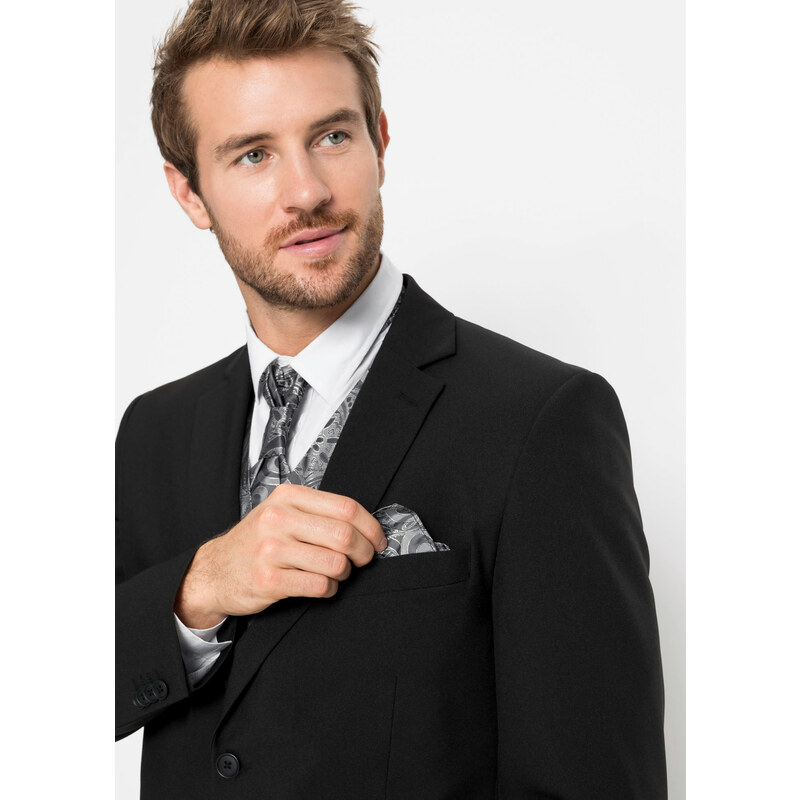 bonprix Oblek (5dílná souprava): sako, kalhoty, vesta, plastron, kapesníček Černá