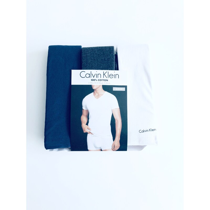 Calvin Klein Calvin Klein V-Neck stylová bavlněná trika Slim Fit s mini nápisem 3 ks - XL / Vícebarevná / Calvin Klein