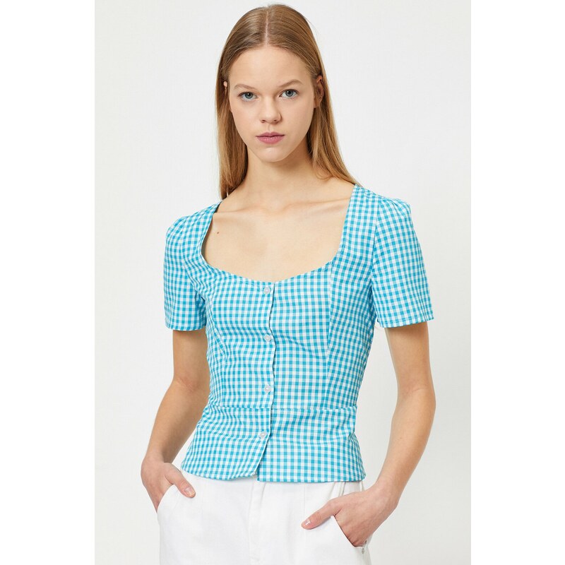 Koton Women's Turquoise White Checked Blouse