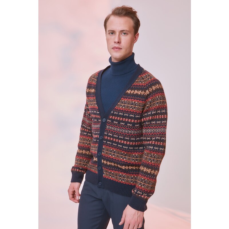 Trendyol Navy Blue Slim Fit V Neck Jacquard Knitwear Cardigan