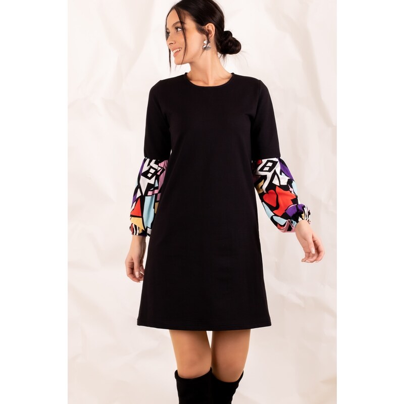 armonika Women's Black Geometric Patterned Balloon Sleeve Dress