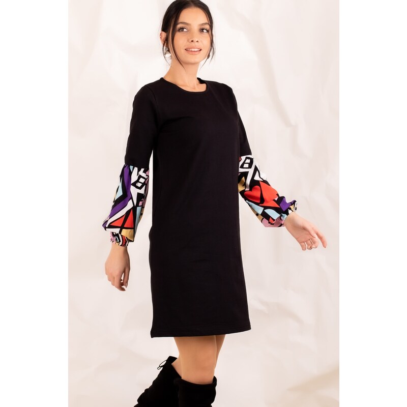 armonika Women's Black Geometric Patterned Balloon Sleeve Dress