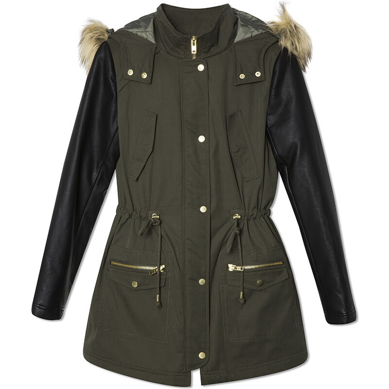 Tally Weijl Green Parka Coat with Faux Leather Sleeves