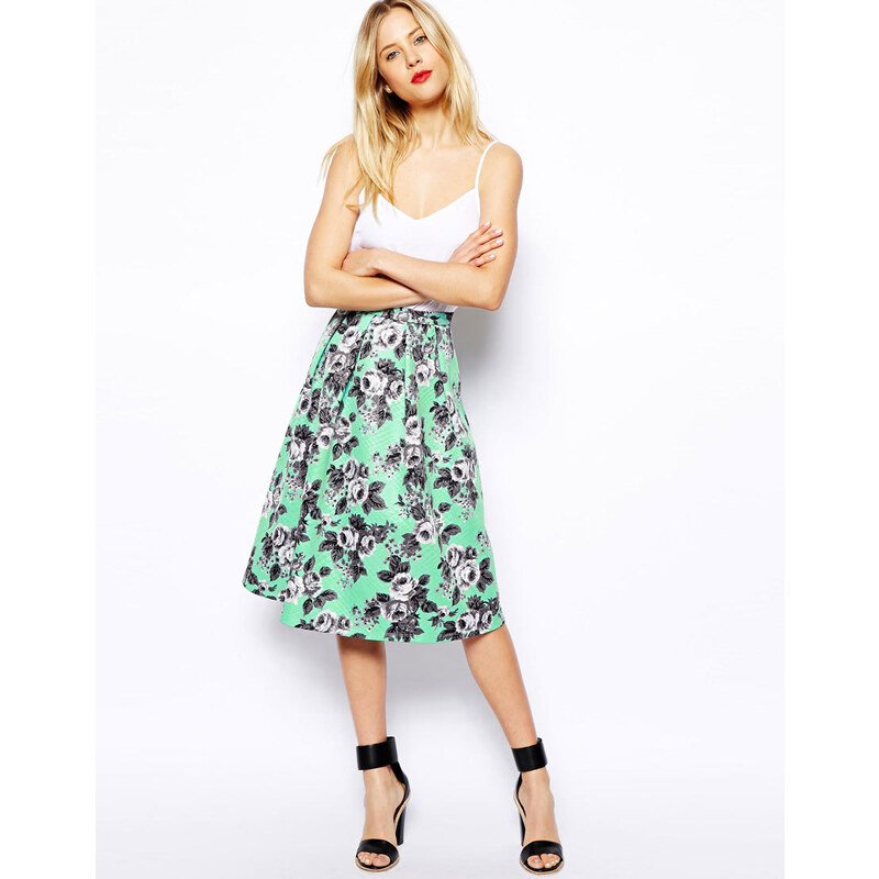 ASOS Quilted Midi Skirt In Floral Print - Green