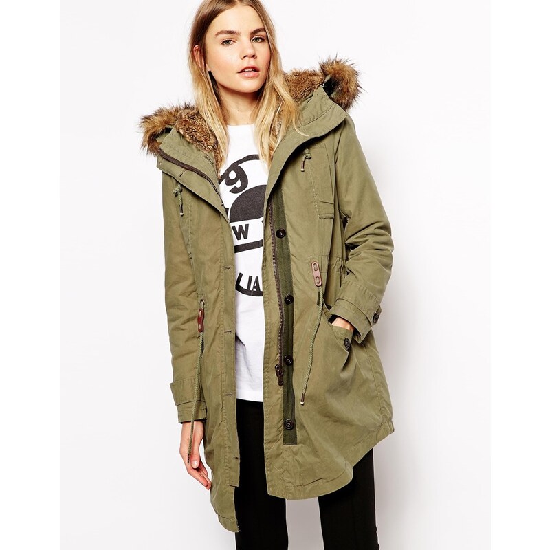 Parka London Freja Classic Parka with Faux Fur Trim and Lining - Green