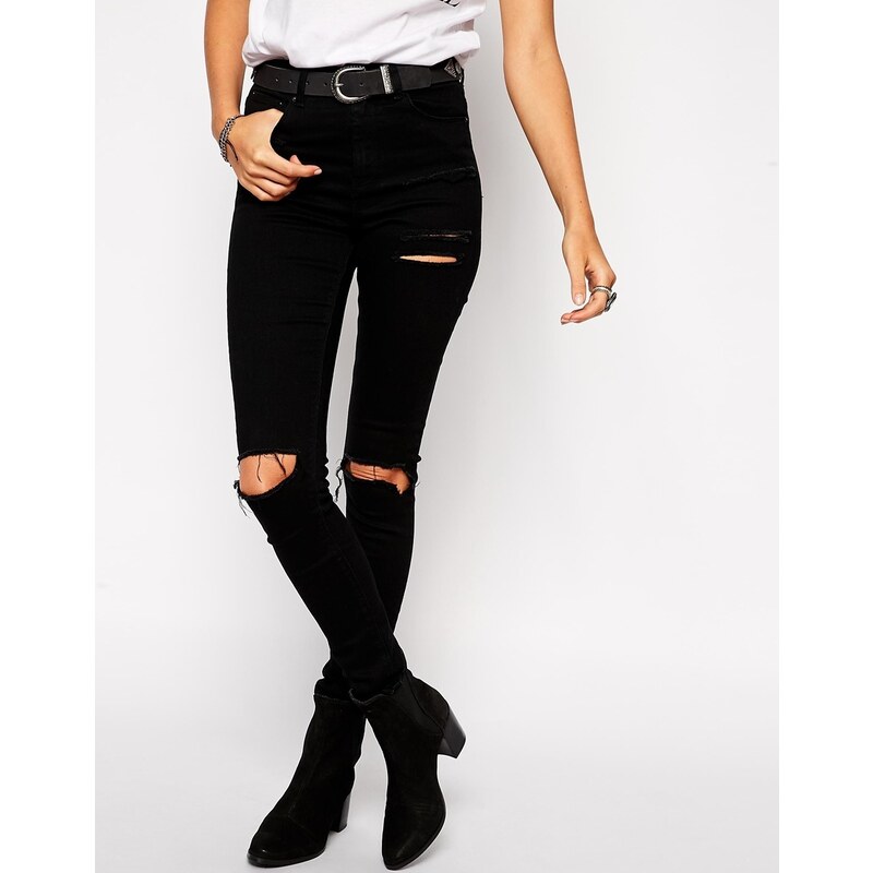 ASOS Ridley Jeans in Black with Thigh Rip and Busted Knees - Black