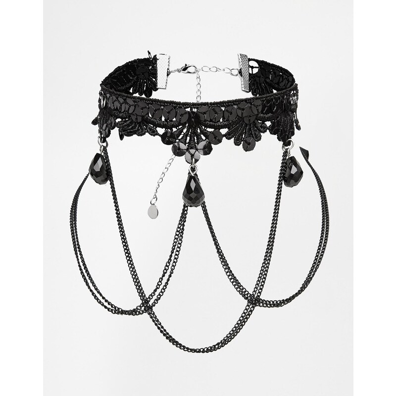 Erin Elizabeth For Johnny Loves Rosie Alexia Lace Chain Choker Necklace - Black