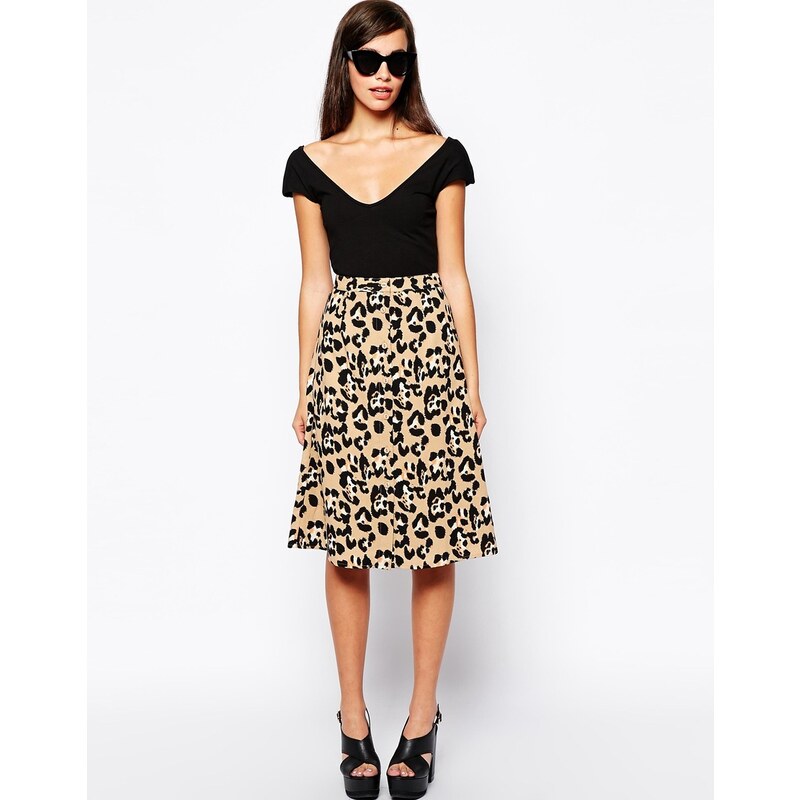 Glamorous Button Through Midi Skirt in Animal Print - Multi
