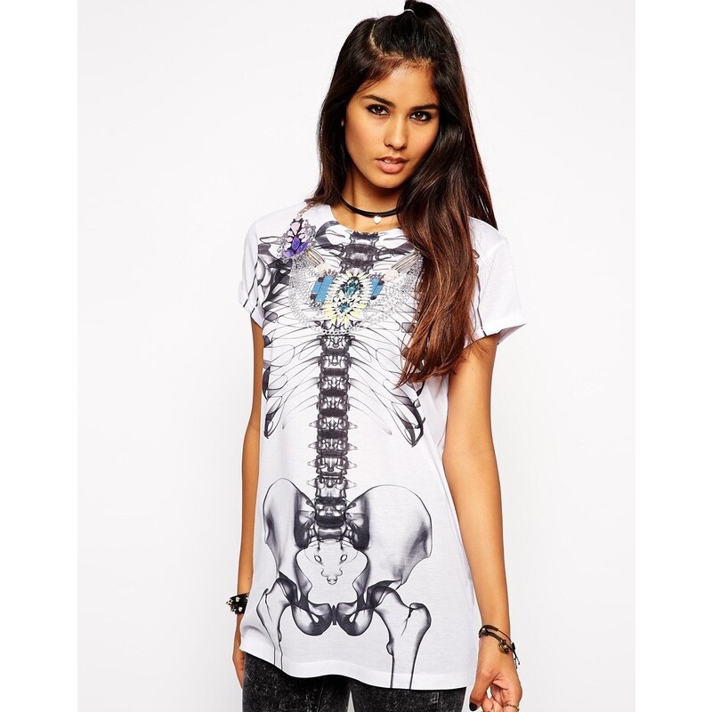 ASOS Boyfriend T-shirt With Jewelled Necklace Skeleton - White