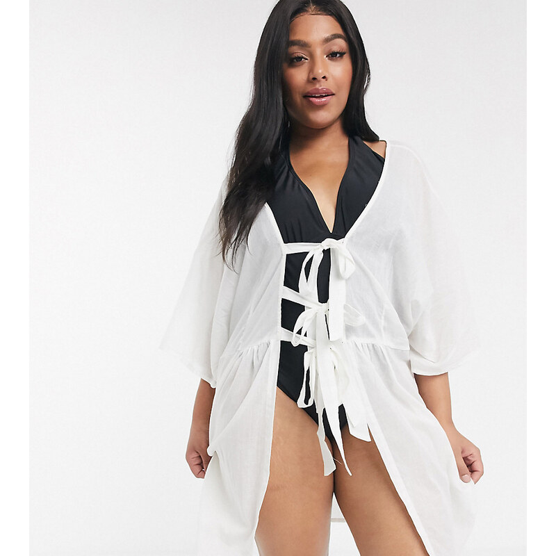 Brave Soul Plus Amira beach dress with triple tie front-White 100032225