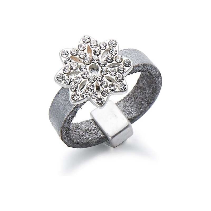 Kožený prsten s květinou s kamínky, INTRIGUE šedá