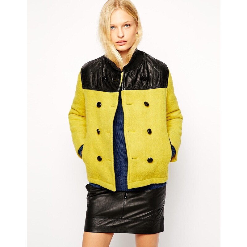 YMC Double Breatsed Coat with Contrast Leather Yoke - Yellow