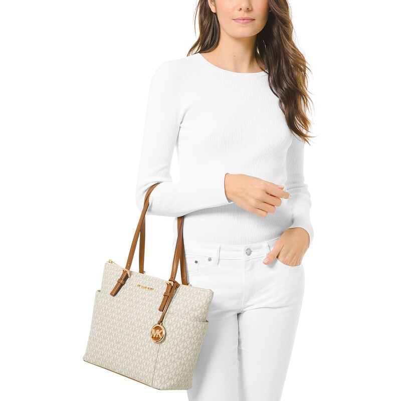 Michael Kors Jet Set East West Top Zip Leather Tote Vanilla Acorn Gold