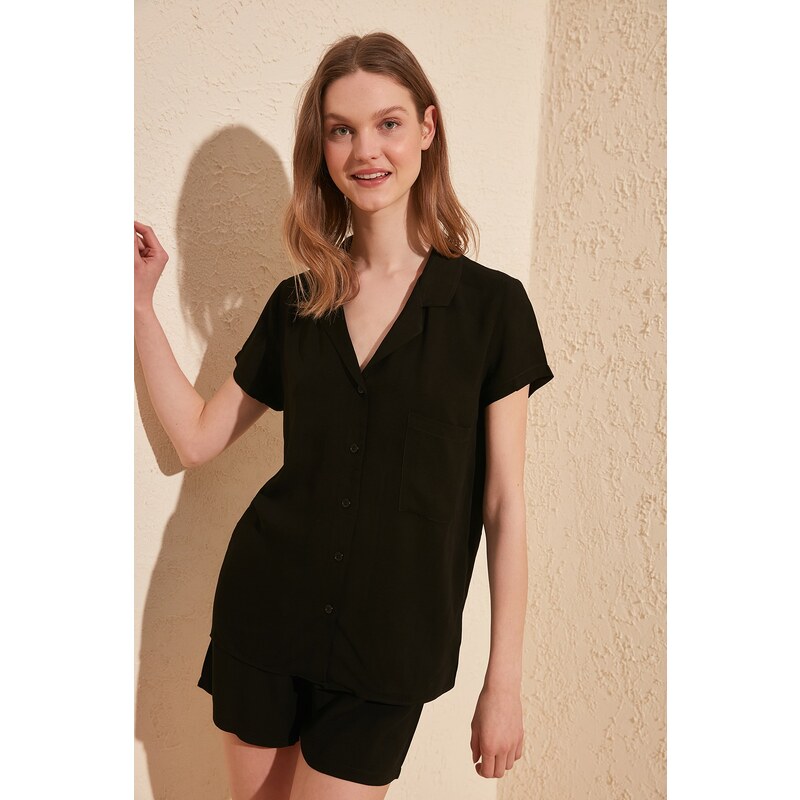 Trendyol Black Viscose Shirt-Shorts Woven Pajama Set