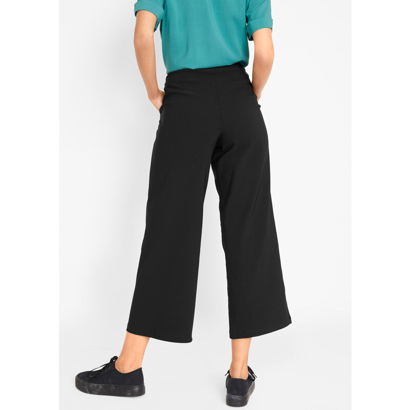 bonprix Bengalínové kalhoty Culotte se širokým, elastickým pasem Černá