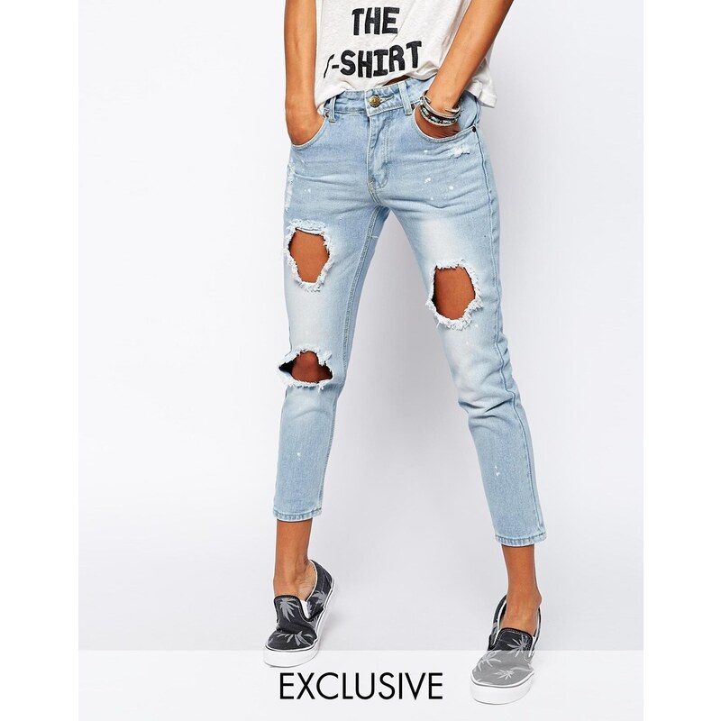 Liquor & Poker Mom Jeans With All Over Rip Detail - Blue