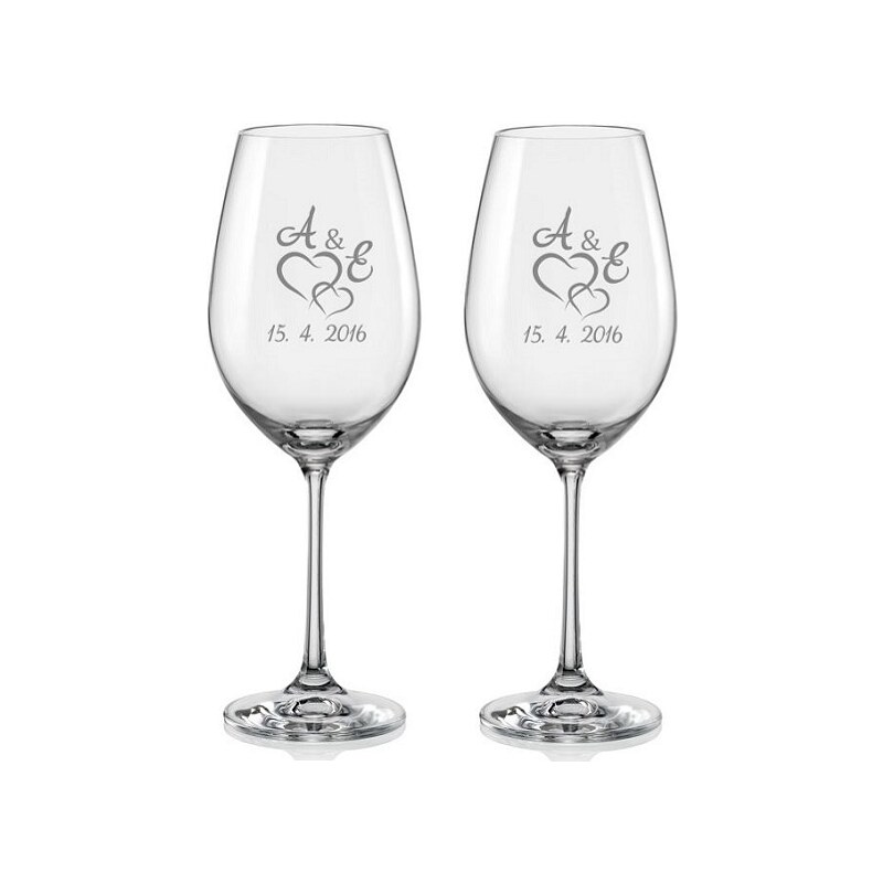 Svatební skleničky na víno Spojená srdce s monogramem, 2 ks