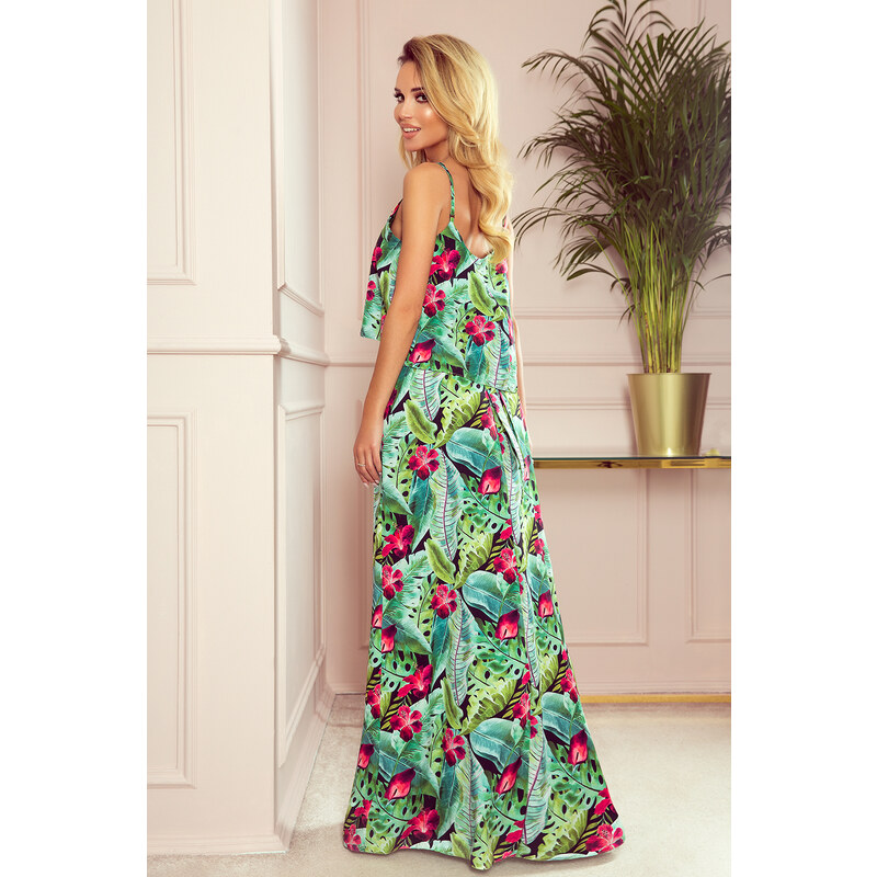 Dlouhé dámské letní šaty na se vzorem zelených listů a květů model 8375405 - numoco