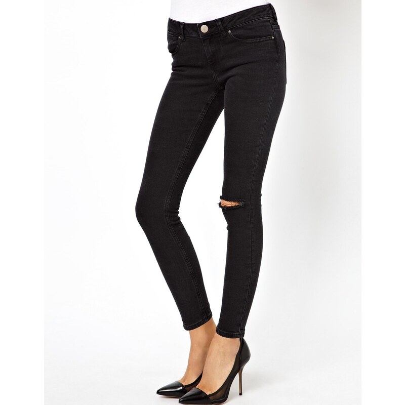ASOS Whitby Low Rise Skinny Ankle Grazer Jeans in Washed Black with Ripped Knee - Black