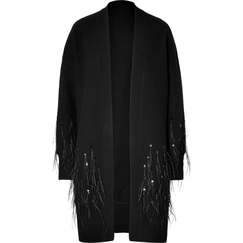 DKNY Wool Cardigan with Ostrich Feather Fringe