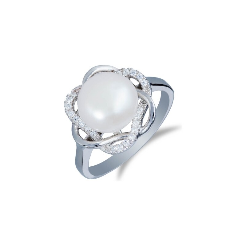 Meucci Stříbrný prsten s přírodní perlou v kytičce se zirkony
