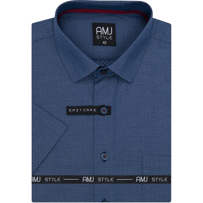 AMJ pánská košile, modrá síťovaná kosočtverce VKR1128, krátký rukáv, regular fit