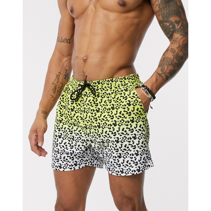 Brave Soul dip dye chettah print swim short-Yellow