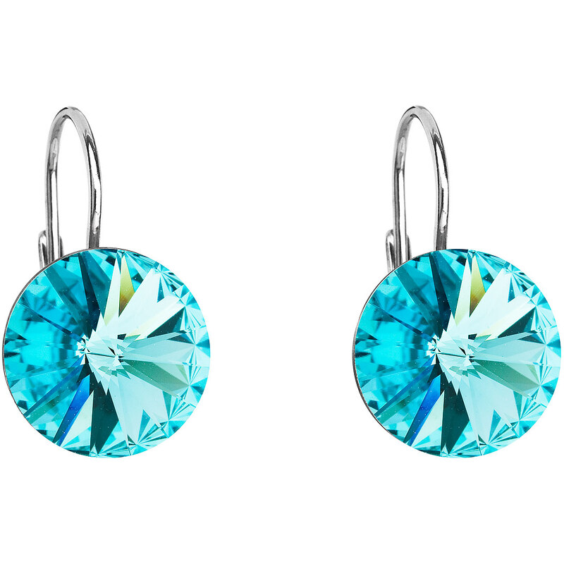 Stříbrné náušnice visací s krystaly Swarovski modré kulaté 31106