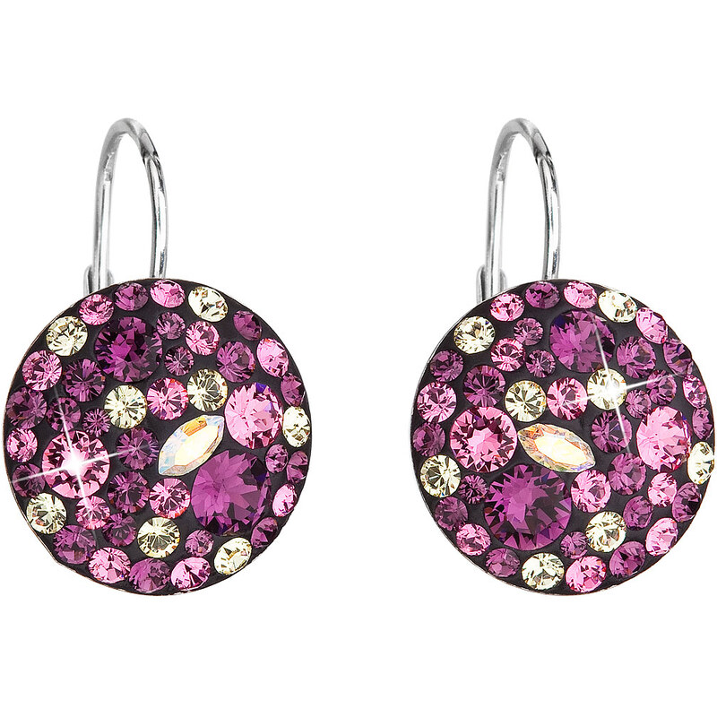Stříbrné náušnice visací s krystaly Swarovski fialové kulaté