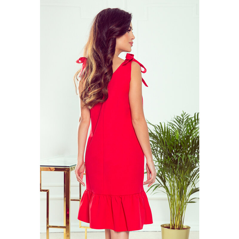 numoco ROSITA - Červené dámské šaty s mašličkami na ramenou a s volánkem 306-1