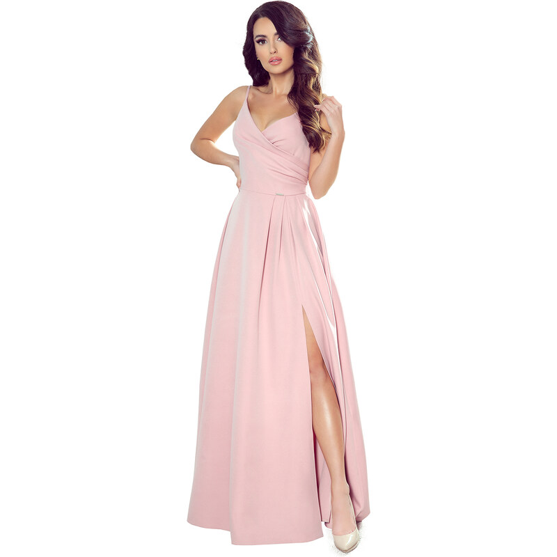 numoco CHIARA - Elegantní dámské maxi šaty na ramínkách v pudrově růžové barvě 299-2