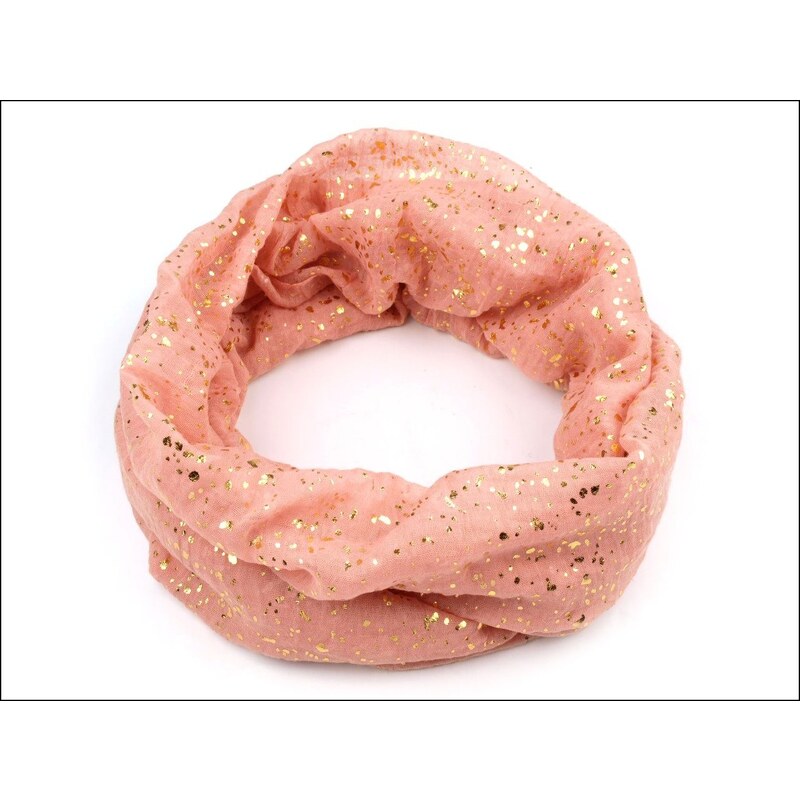 Kruhový růžový šátek se zlatým potiskem