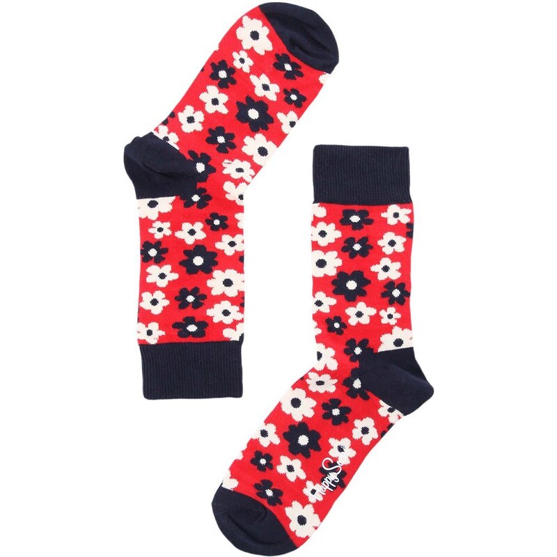 Unisex červené ponožky s barevnými kytičkami Happy Socks Flower