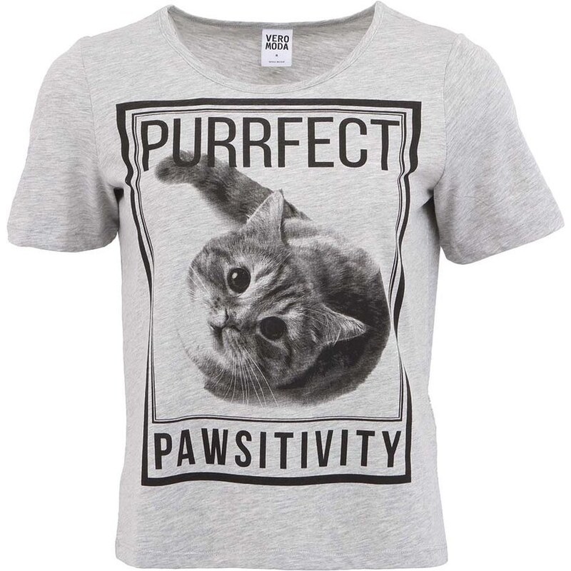 Šedé tričko s kočkou Vero Moda Funny Cat