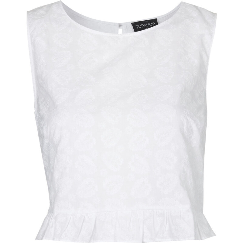 Topshop Palm Embroidered Frill Crop Top