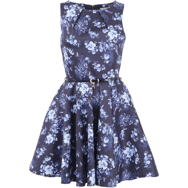Tmavě modré květované šaty s páskem Closet