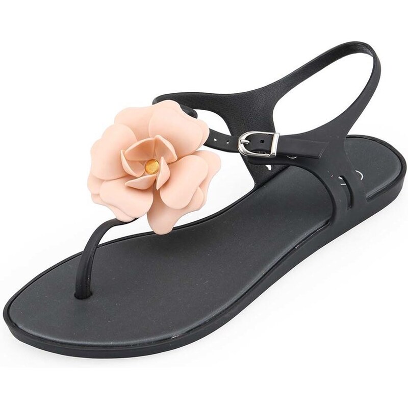 Černé sandálky s pudrově růžovou květinou Mel Special
