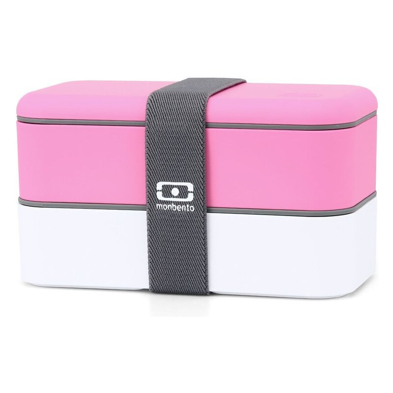 Růžovo-bílý designový box na jídlo s šedou páskou Monbento