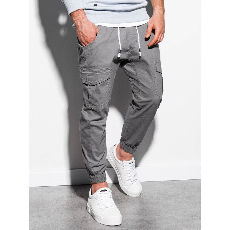 Ombre Clothing Pánské kalhoty JOGGERY s cargo kapsami - šedé V2 P886