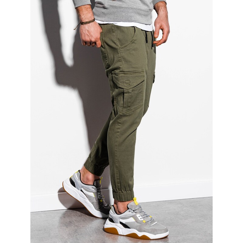 Ombre Clothing Pánské kalhoty JOGGERS s cargo kapsami - olivové V18 P886